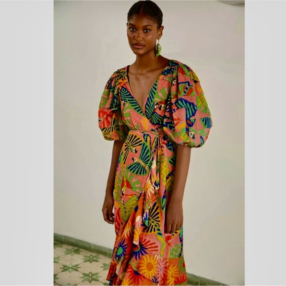 NWT - FARM Rio Coral Mixed Graphic Macaws Puff Sleeve Midi Dress / Size S - Picture 5 of 15